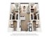 Modern apartment floor plan featuring 2 cozy bedrooms, open living area with natural light, sleek kitchen with island, and two elegant bathrooms.