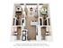 Chic 3D floor plan of a modern apartment with 2 bedrooms labeled A and B, stylish open-concept living area, sleek kitchen, and dual bathrooms. Perfect for city dwelling.