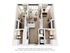 Modern 3D apartment floor plan showcasing 2 bedrooms with desks, an open living room, and stylish kitchen, featuring elegant wood flooring and abundant natural light.
