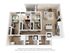Modern 3D floor plan showcasing 3 bedrooms, a sleek kitchen with an island, and an inviting living area with balcony access.