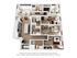 Elegant 3D floor plan showcasing four spacious bedrooms, a modern kitchen with an island, and a stylish open-concept living area.