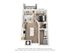 Contemporary 3D floor plan featuring a cozy 1 bedroom with an en-suite bathroom, bright open-concept living room, sleek kitchen, and charming balcony.