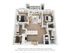 Modern 3D floor plan showcasing a chic 2-bedroom apartment with open-concept living area, stylish kitchen island, and two elegant bathrooms. Includes a cozy balcony space for relaxation.