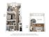 Chic split-level floor plan with one bedroom, modern open kitchen, cozy living area, and stylish spiral staircase leading to a mezzanine.