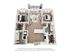 Modern floor plan showcasing a chic open-concept living area, two stylish bedrooms, two bathrooms, and a convenient kitchen island.
