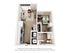 Charming 3D floor plan showcasing a cozy one-bedroom apartment with an open living space, modern kitchen, and a stylish bathroom.