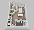 Modern 3D apartment floor plan showcasing one bedroom, a cozy living area, and an open kitchen with a breakfast bar.