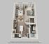 Modern floor plan featuring one bedroom and one bathroom, spacious open-concept living area with large windows, and a sleek kitchen with an island. Includes a cozy dining space and convenient in-unit laundry.