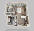 Modern one-bedroom apartment floor plan with spacious living room, contemporary kitchen, and a stylish bathroom, featuring elegant finishes and ample natural light.