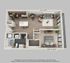 Modern 1-bedroom apartment floor plan featuring an open-concept living and dining area, stylish kitchen with island, spacious bathroom, and cozy bedroom, ideal for contemporary living.