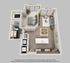 Inviting 3D apartment floor plan showcasing one bedroom, bathroom, stylish living room, and modern open-concept kitchen with breakfast bar seating.