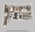 Modern 3D floor plan showcasing a one-bedroom apartment with open-concept kitchen and living area, elegant bathroom, and cozy bedroom, perfect for stylish living.