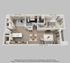 Modern 3D floor plan showcasing a spacious 1-bedroom apartment with an open-concept kitchen, cozy living room, and elegant bathroom.