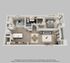 Modern floor plan featuring an open-concept kitchen and living area, one bedroom with ample closet space, stylish bathroom, and a private balcony with large windows.