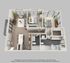 Modern 3D floor plan showcasing 2 bedrooms, open living area, sleek kitchen, and dual bathrooms with washer/dryer in a bright and inviting apartment layout.