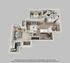 Modern 3D floor plan showcasing two bedrooms, a spacious open-plan living area, sleek kitchen with island, and two bathrooms.