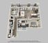 Modern 3D floor plan showcasing two-bedroom apartment with spacious living area, sleek kitchen with island, and two elegant bathrooms.