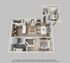 Modern 3D floor plan showcasing a comfortable 2-bedroom apartment with an open living space, a fully equipped kitchen, and a cozy dining area.