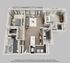 Modern 3D floor plan showcasing a spacious apartment with two bedrooms, a bright open-concept living room, and a sleek kitchen with island seating.