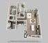 Modern 3D floor plan showcasing two spacious bedrooms, open-concept living and dining area, sleek kitchen with island, and two luxurious bathrooms.