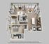 Contemporary 3D floor plan showcasing two bedrooms, a spacious living area, and a sleek open kitchen with an island. Features a separate dining space and large windows for natural light.