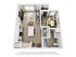 Inviting 3D floor plan showcasing a modern 1-bedroom apartment with an open-concept living area, sleek kitchen island, cozy bedroom, and elegant bathroom.