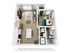 Modern 3D floor plan featuring 1 bedroom with an office nook, an open-concept living area, and a sleek kitchen island. Includes in-unit W/D and a stylish bathroom, perfect for convenient urban living.