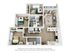Modern 3D floor plan with two cozy bedrooms, a sleek bathroom, inviting living area, and a stylish open kitchen, featuring balcony access for natural light.