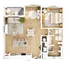 Modern 1-bedroom apartment floor plan featuring an open-concept living room, sleek kitchen with island, cozy dining area, and spacious bathroom.