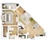 Chic floor plan featuring 1 bedroom, open living room with a cozy seating area, modern kitchen with island, and spacious bathroom, designed for contemporary living.