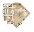 Modern open-concept one-bedroom floor plan with spacious living area, sleek kitchen, and private balcony.