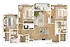 Modern floor plan showcasing 2 spacious bedrooms, an open kitchen, elegant living room, and a cozy balcony area.