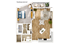 Chic 1-bedroom apartment floor plan featuring an open-concept living area, modern kitchen with island, and inviting balcony with seating.