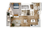 Modern 2D floor plan showcasing a 1-bedroom, open-concept living area with luxurious wood flooring, dine-in kitchen, and patio access.