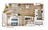 Elegant floor plan showcasing a modern one-bedroom apartment with open-concept living area, stylish kitchen, and wood flooring in select units.