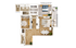 Inviting 2D floor plan showcasing a modern apartment with a cozy bedroom, spacious kitchen, and elegant living area with wood flooring in select units.