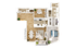 Elegant floor plan highlighting a spacious one-bedroom apartment with an open-concept living and dining area, modern kitchen, home office space, and two stylish bathrooms. Features include wood flooring and a cozy balcony.