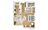Modern open-concept floor plan with one bedroom, a spacious kitchen island, inviting living area, and elegant wood flooring.