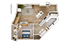 Modern apartment floor plan with one spacious bedroom, open-concept living and dining area, sleek kitchen, elegant bathroom, and stylish wood flooring.