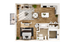 Chic 1-bedroom apartment floor plan showcasing an open-concept living area, modern kitchen, and stylish bathroom.