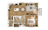 Modern open-concept floor plan with one spacious bedroom, sleek kitchen, cozy living area, and elegant bathroom, all featuring stylish wooden flooring.