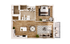 Bright and modern 1-bedroom apartment floor plan with a spacious living area, sleek kitchen, cozy dining space, and private balcony.