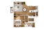 Chic 2D apartment floor plan featuring a cozy bedroom, spacious open-concept living and dining area, sleek kitchen, and elegant bathroom.