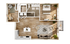 Elegant floor plan showcasing 1 bedroom, a modern home office, sleek kitchen, and open living area with natural light.