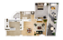 Chic 2D apartment floor plan featuring a spacious living room, modern kitchen, elegant bathroom, cozy bedroom, and a stylish balcony with outdoor seating.