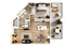 Elegant floor plan showcasing a spacious 1-bedroom apartment with a modern bathroom, open-concept kitchen and dining area, stylish living room, and expansive balcony with outdoor seating.