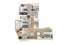 Modern floor plan showcasing 2 spacious bedrooms, open living area, and sleek kitchen, highlighting wood flooring in select units.
