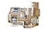 Modern 2D floor plan showcasing two cozy bedrooms, an elegant open-concept kitchen with a breakfast bar, and a sunlit living area, featuring wood flooring in select units.