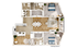 Modern 3D floor plan showcasing a luxurious 2-bedroom apartment with contemporary kitchen, elegant dining area, and spacious living room leading to a private balcony.