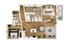 Modern floor plan showcasing two bedrooms, luxurious bathroom, open-concept living room, and stylish kitchen with dining area.